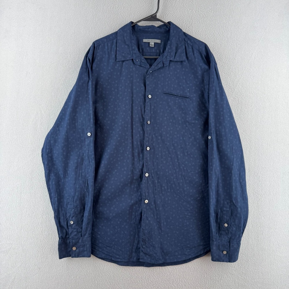 John Varvatos Shirt Mens XL Blue Linen Blend Calico Print Button Up Long Sleeve